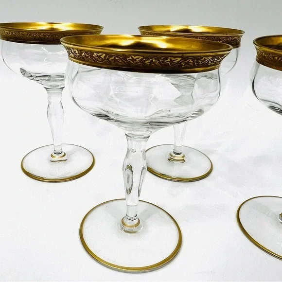Set of 4 Vintage Minton Tiffin-Franciscan Champagne 4 Ounces Gold Rim Glasses - Picture 4 of 14